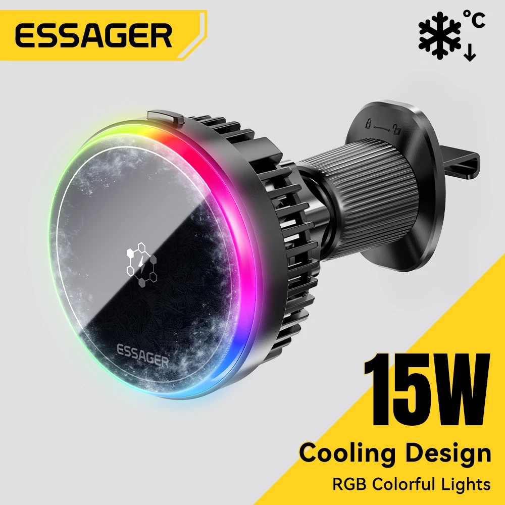 Essager 15W Wireless Car Charger for iPhone 17 16 15 14MacSafe Ice Cooling Magnetic Fast Charging Station with Car Phone Holder