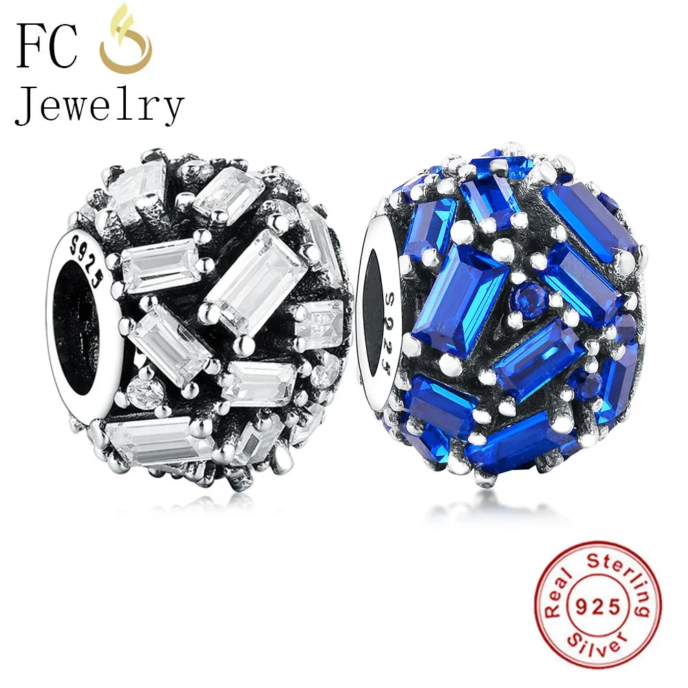 

Fit Original Pan Charm Bracelet 925 Sterling Silver Round Sqaure Micro Pave Blue Zircon Stone Bead Making Berloque 2024