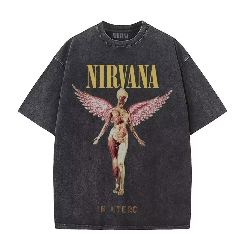 Hot Sale Nirvana Band Rock Apocalyptic Cobain Graphic Print T-Shirt Men Women Washed Vintage Cotton Short Sleeve Summer New Tee