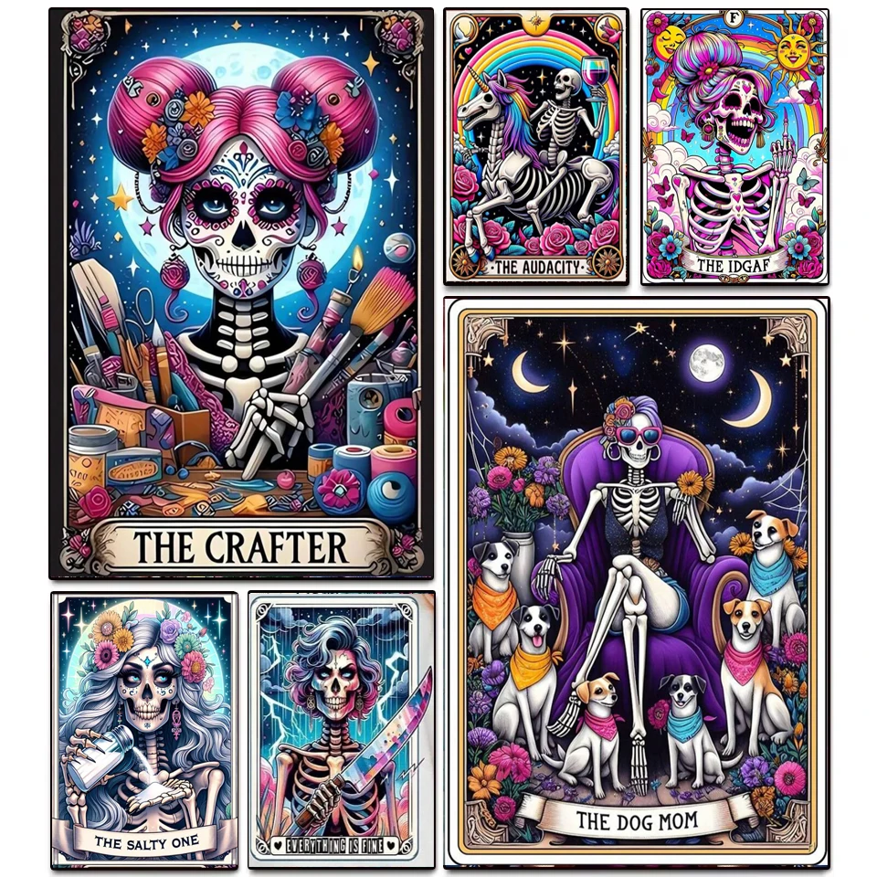DIY Skeleton Art Diamond Painting Tarot Skull Woman Full Square Round Mosaic Cross Stitch Kit Rhinestone Puzzle Inlay Gift Decor