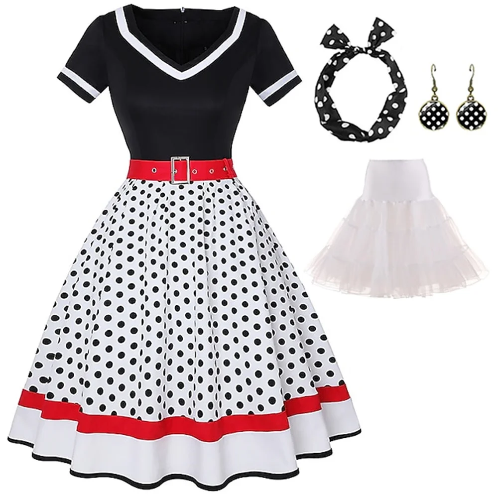 Vestido de festa rockabilly com saia tutu e parafuso prisioneiro para mulheres, vestido de noite vintage, vento Hepburn, linha A, 1950, 4 peças por conjunto