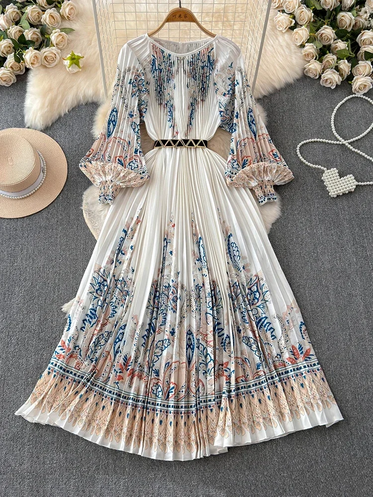 

French Retro Court Style Printed Long Sleeved Dress for Women in Autumn and Winter, Lantern Sleeves, Pleated Long Dress A228