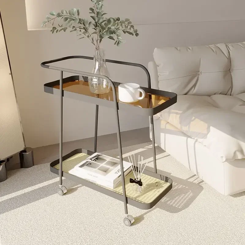 

Glass Small Cart Living Room Movable Wheeled Side Table Luxury Simple Sliding Table Small Coffee Table Furniture