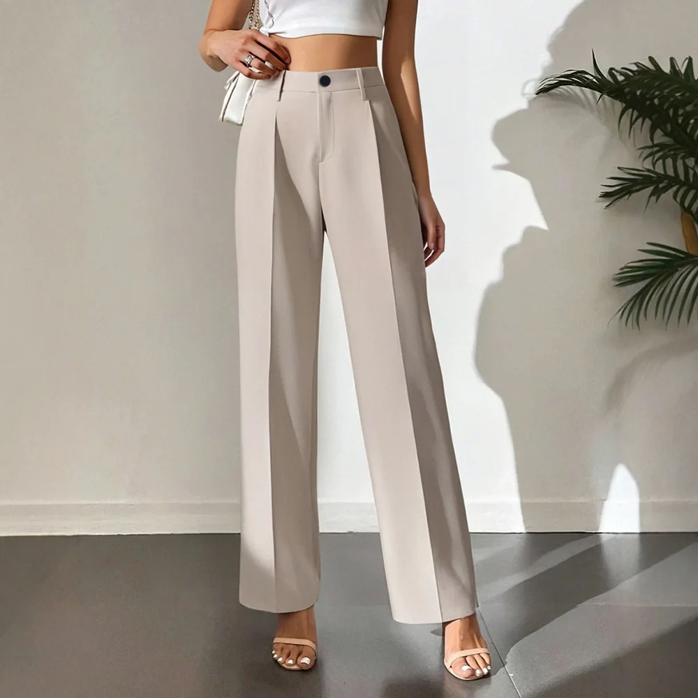 Mia Muse Autumn Winter Women's Pants Daily Basic High Waist Full Length Straight Leg Button Fly Business Pants