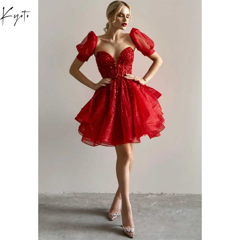 

Kyoto Red Heart Shaped Neckline Pearls Wedding Dresses Ball Gown Customized Customized Puff Sleeve vestido de gala noche mujer