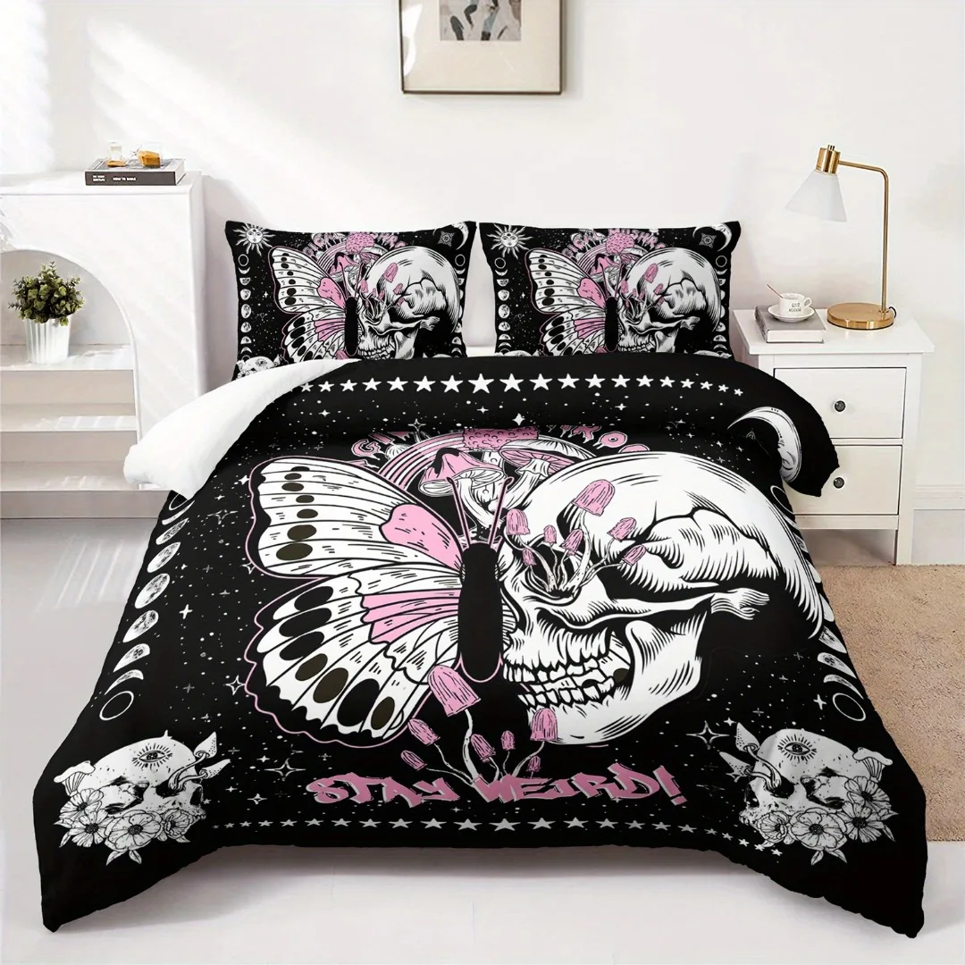 Skeleton Butterful 3d Printed Bedding Set Halloween Gothic Style Polyester Comfortable King Queen Twin Size for Birthday Gifts