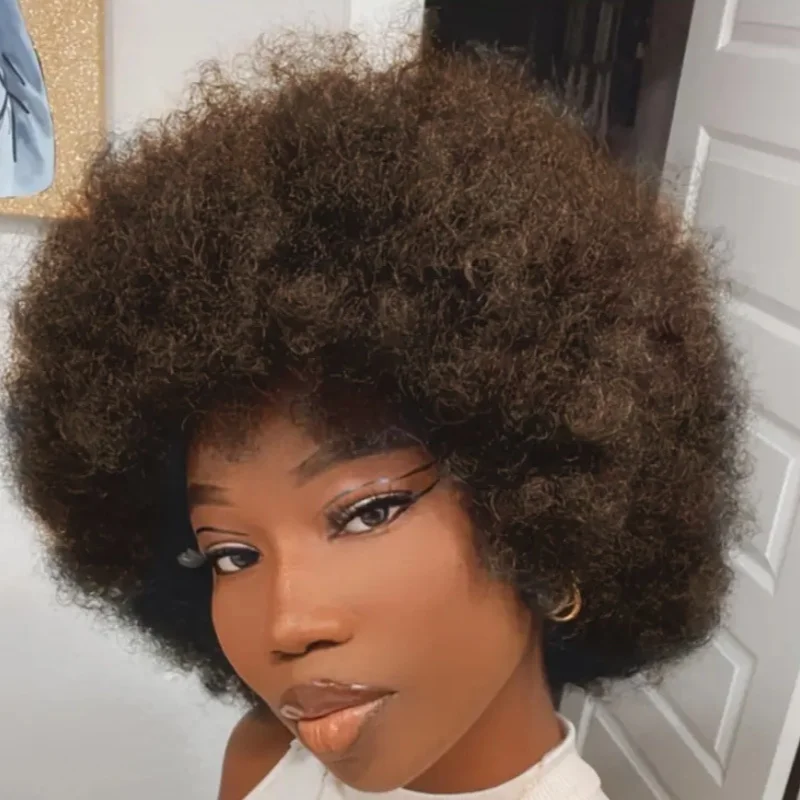 여성용 짧은 곱슬 가발, 풍성한 아프로 인모 가발, 150% 밀도 곱슬 인모 가발, 전체 기계 제작 픽시컷 가발