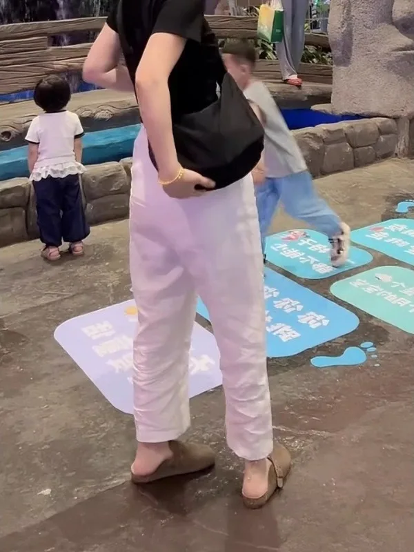 Pantalon taille haute à jambes larges, coupe ample, léger, mélange de coton et lin, coupe droite à neuf points, pour femmes de grande taille, été