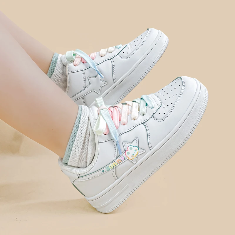 Amy and Michael Cute Girls Students White Flat Casual Sneakers Tennis Female Skateboard Shoes Low Top Women Fashion Trainers