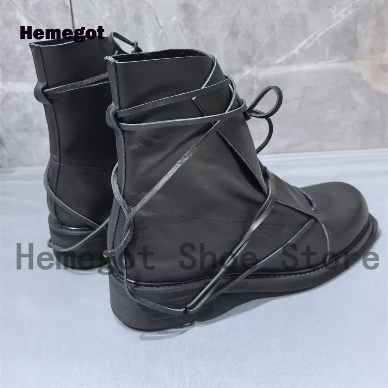 Balck Cross Strap Mid Calf Men's Boots Novelty Designer Lace-Up Outdoor Motorcycle Boots Big Size 39-48 Botas Zapatillas Mujer