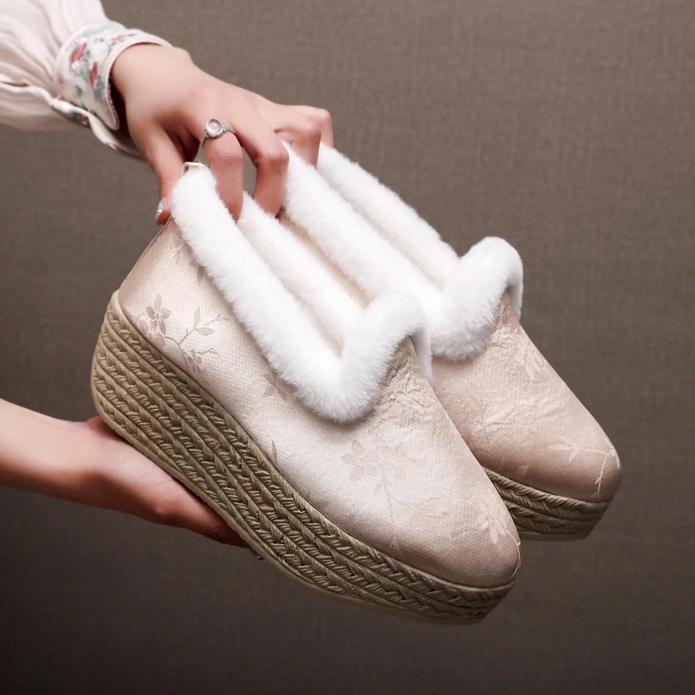 Thermal Extra Thick with Fleece Ethnic Style Casual Cotton-Padded Shoes Fluffy High Heel Platform Cloth Square Dance
