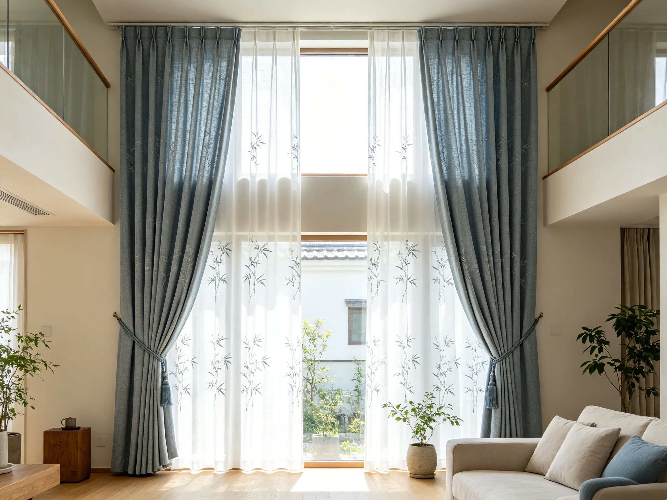 200211   Grey blue linen dark grain bamboo leaf duplex living room french window