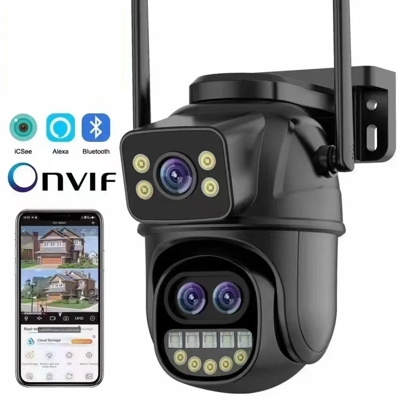 

4K ICSEE WiFi Surveillance Camera IP Outdoor Video Wireless Cameras Three-Lens External Dual Screen PTZ Cam auto track human det