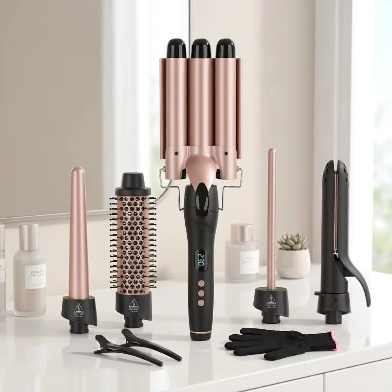Interchangeable 5‑in‑1 Fast‑Heating Ceramic Hair Curler, LCD Display PTC Salon Hair Straightener Styling Tool
