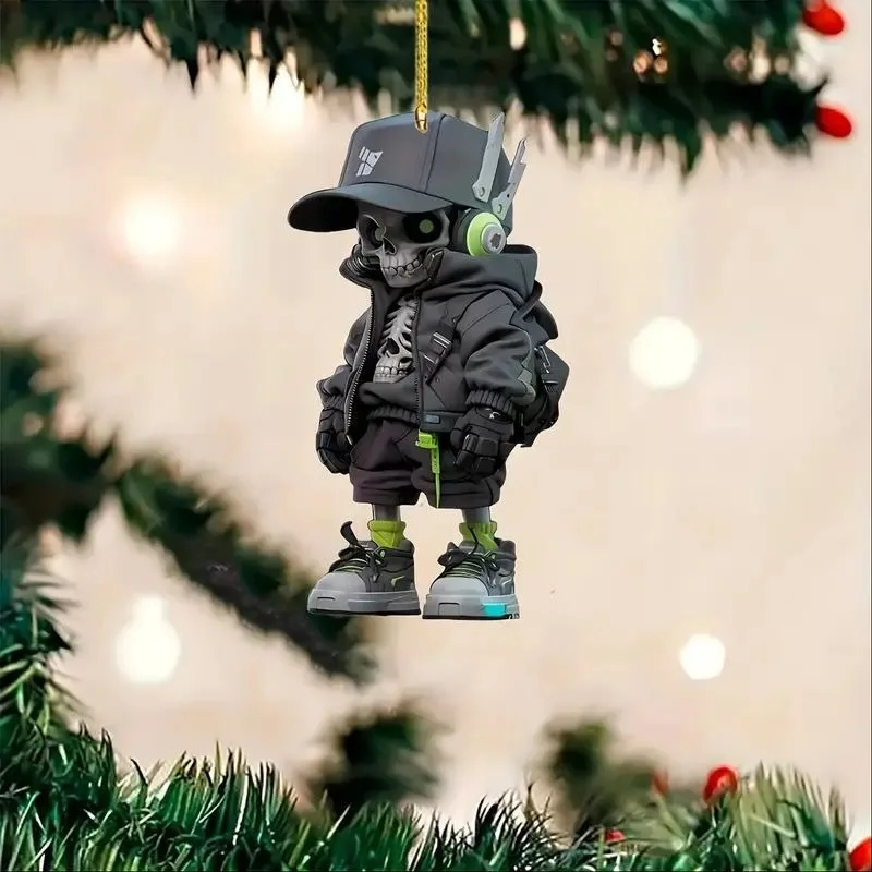 1pc 2D flat creative decorative pendant, super cool skeleton/special forces theme, Halloween decoration, gift keychain