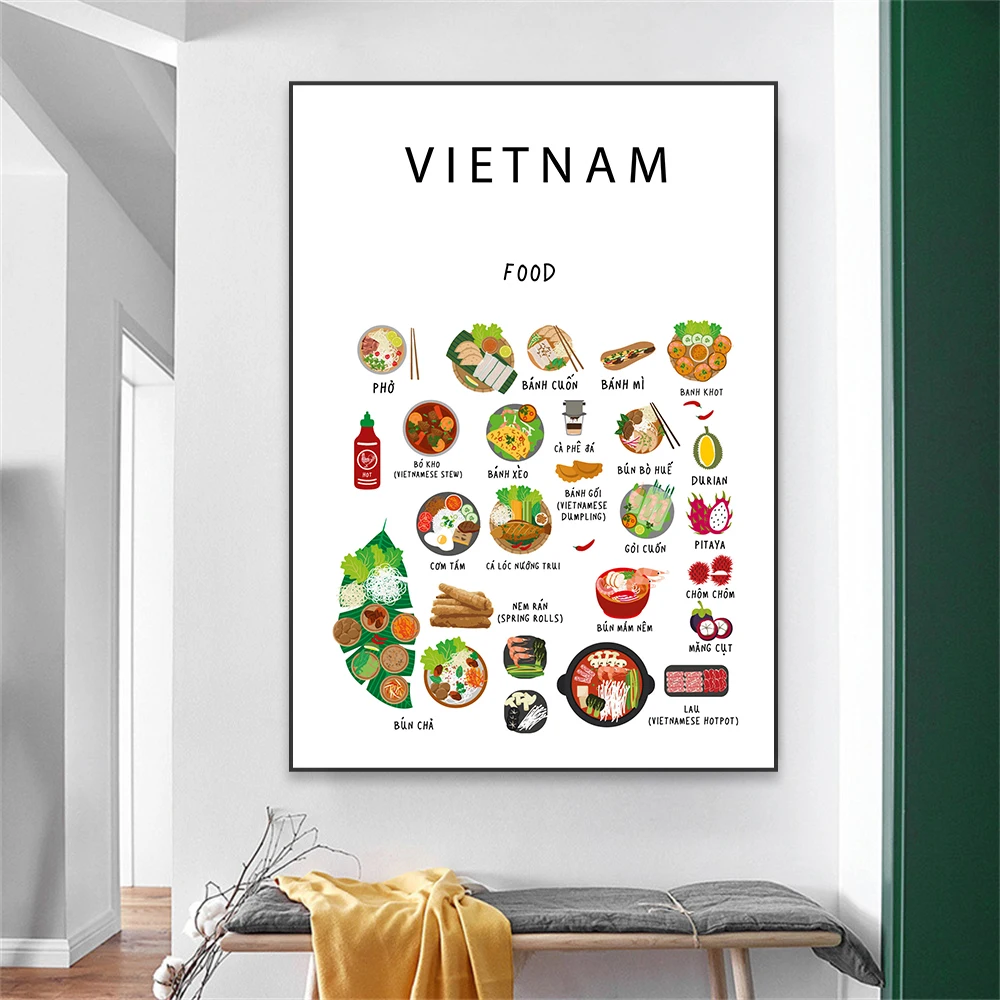 

Vietnamese Food Poster White Cartoon Food Wall Art Prints Modern Home Kitchen Decor Retro Dinning Room Canvas Painting Decor