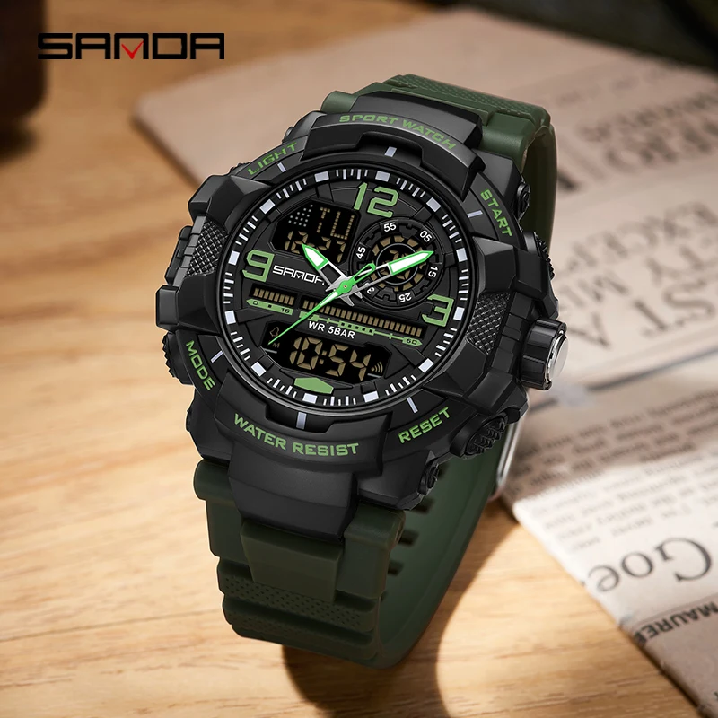 SANDA المزدوج عرض الرجال الساعات مقاوم للماء ساعة رياضية رجل عسكري إنذار ساعة توقيت كوارتز ساعة اليد الذكور ساعة رقمية