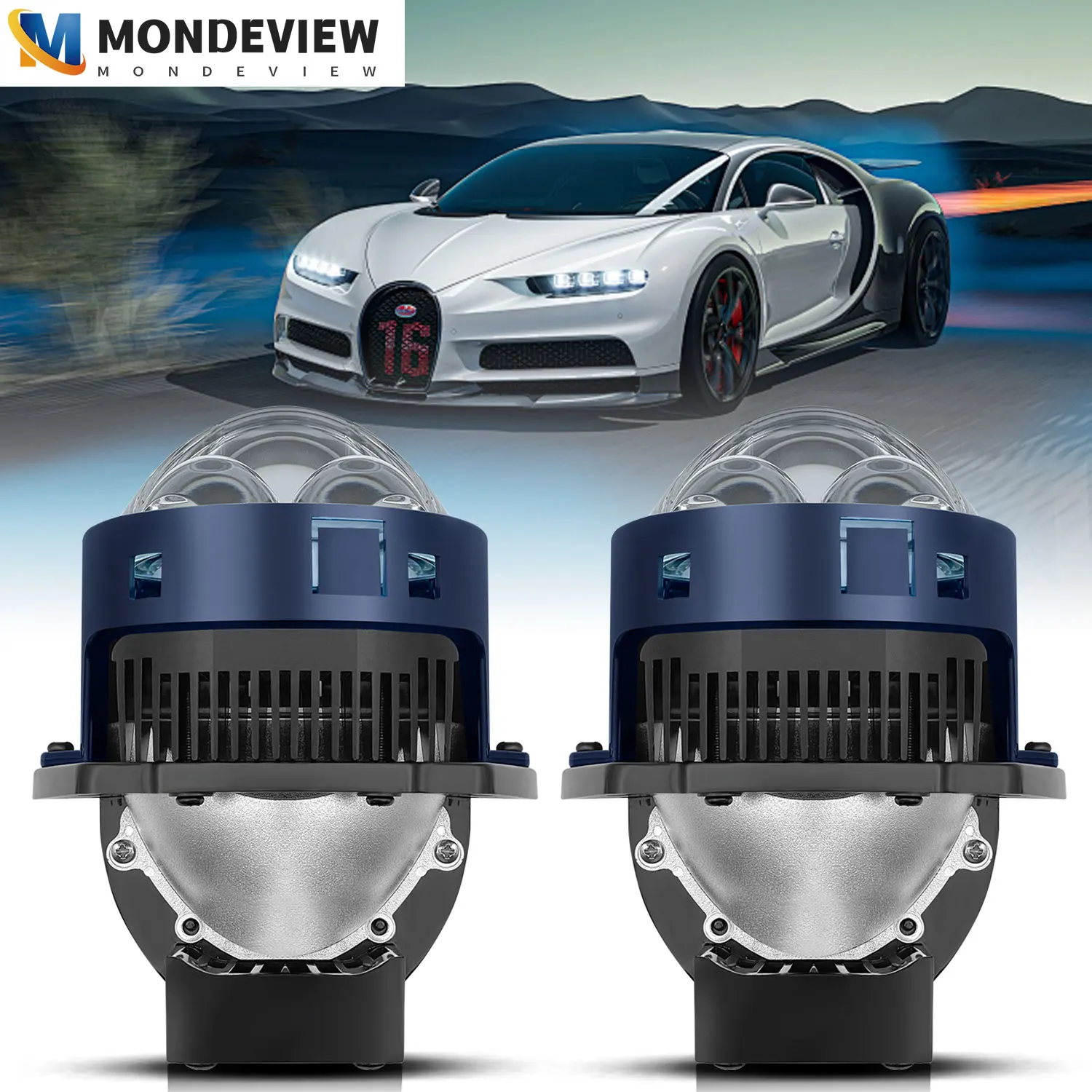 MONDEVIEW 2pcs T05 3-inch H4 H7 9005 9006 6000K lens headlights 92W high beam 82W low beam 39W laser car running lights