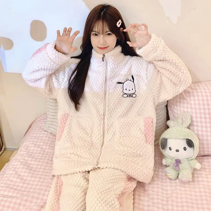 Kawaii Anime Kuromi Plush Pajamas Suit Sanrios Cartoon Pochacco Homewear Stand-Up Collar Nightwear Girl Winter Zipper Sleepwear