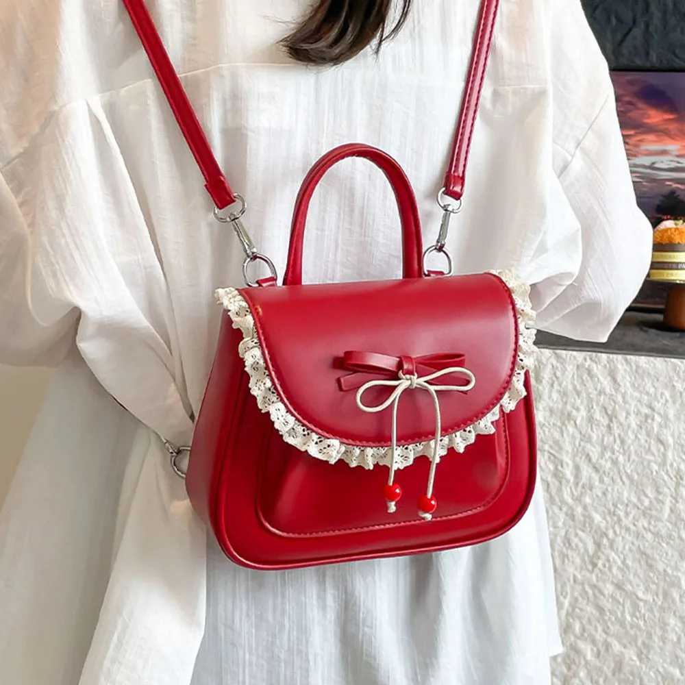 

Women's Red Backpack Pu Leather Patch Bows Lace Flap Shoulder Bags All-match Cute Female Commuting Large Capacity Square Packs