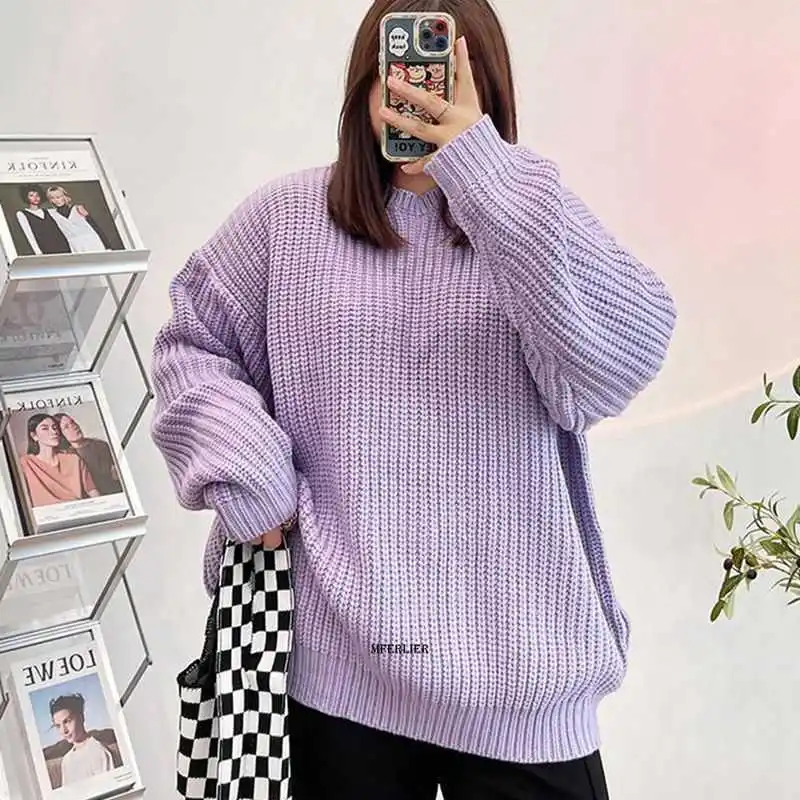 

Plus Size 6XL 150kg Autumn And Winter Women's Knit Sweater Ioose And Thick Long Sleeve Tops New O Neck Solid Color Sweater