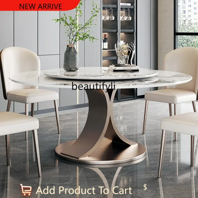

Slate dining table Round household light luxury high-end bright light with turntable Living room dining table G1218