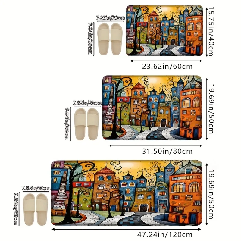 VIKAMA Whimsical Town Street Doormat Cartoon European Folk Art Non Slip Absorbent Floor Mat Boho Front Door Home Decor Mat