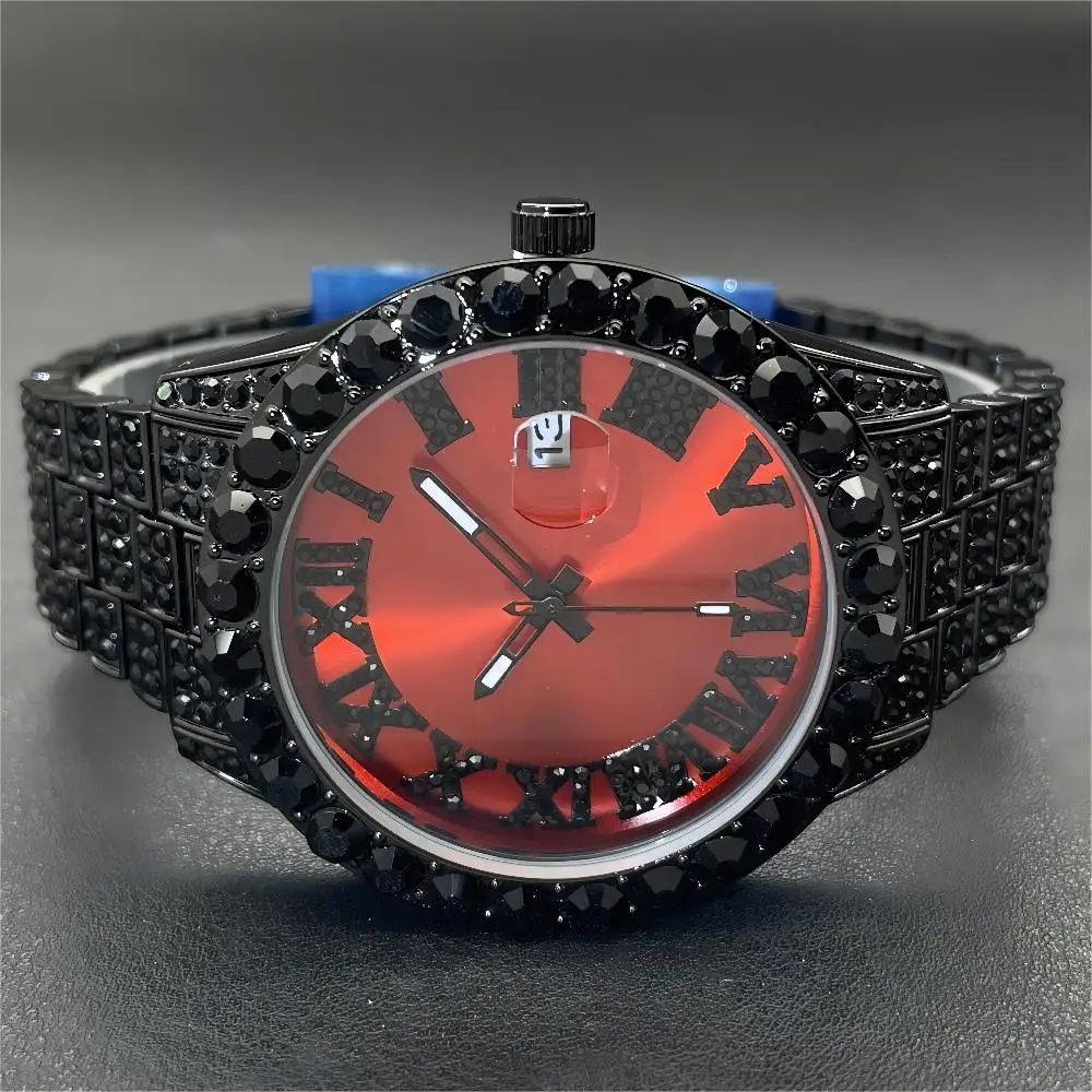 2024 MISSFOX Cool Men\'s Iced Watches Fashion Automatic Date Quartz Clocks Hip Hop Black Diamond Red Wristwatch Man Free Shipping