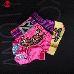 Pantaloncini da boxe tailandesi bambino tessuto di raso Muay Thai pantaloni uomo donna palestra gabbia lotta Kickboxing allenamento Match Trunks Muaythai uniforme