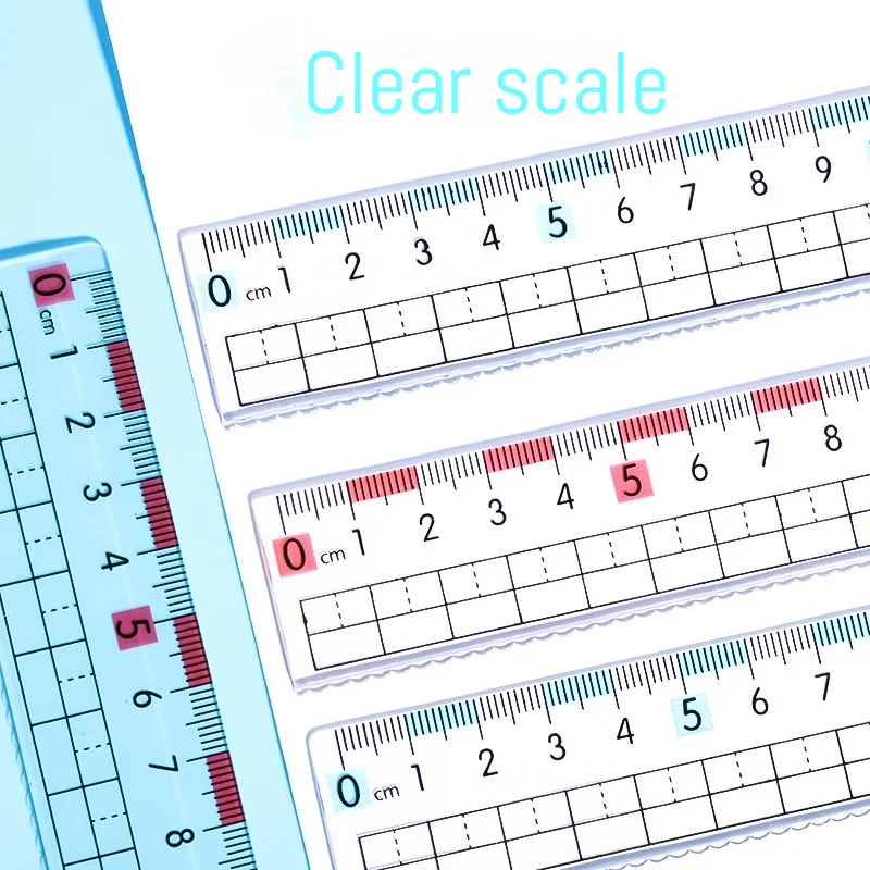 Régua transparente com linha ondulada, ferramenta de medição, escala clara, não fácil de quebrar, papelaria de aprendizagem do aluno, 20cm, 3pcs