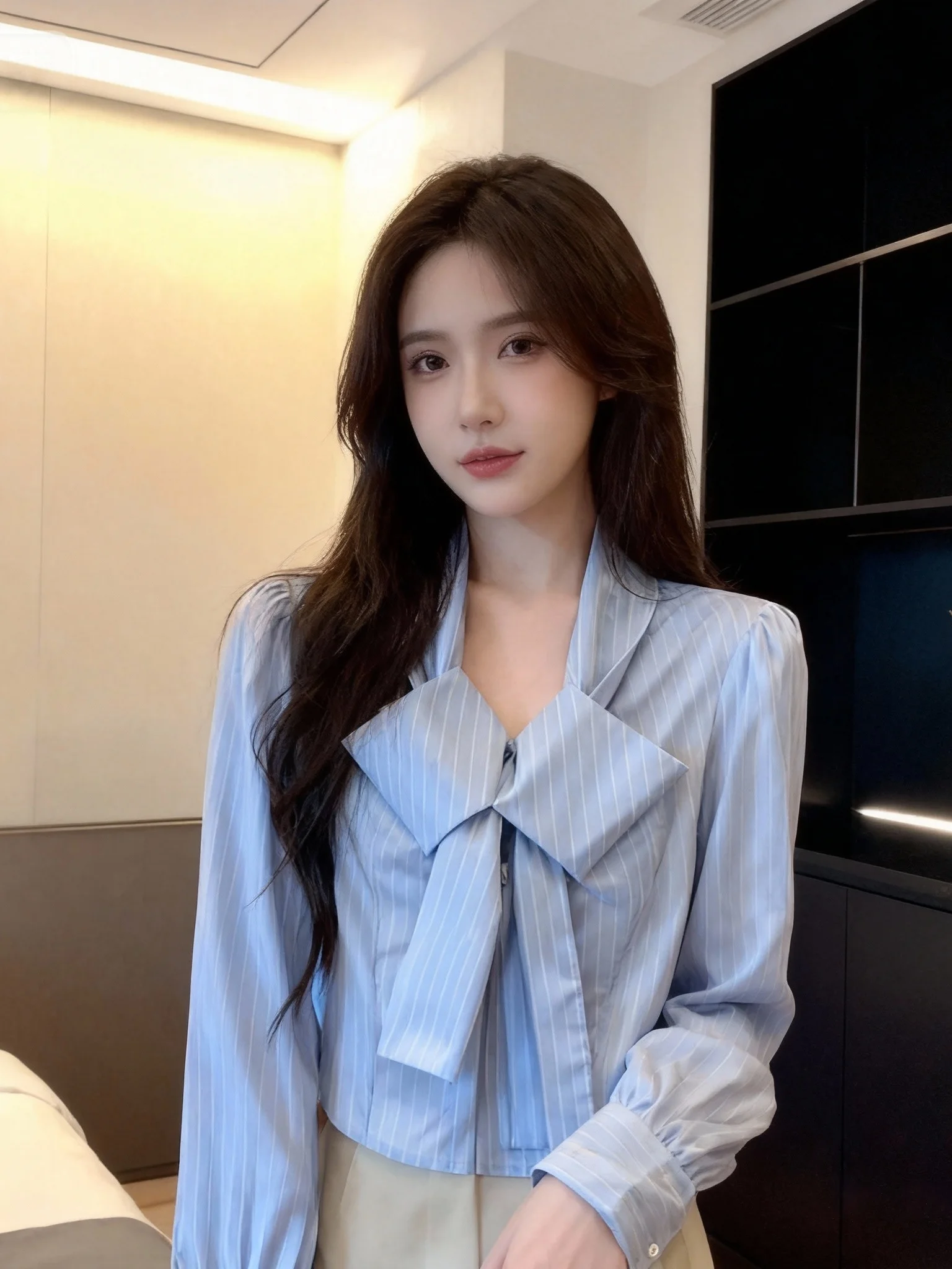 

Женская рубашка в корейском стиле с синими полосками, омолаживающая, новая весенняя коллекция, для повседневной носки, с узлом, укороченный базовый топ