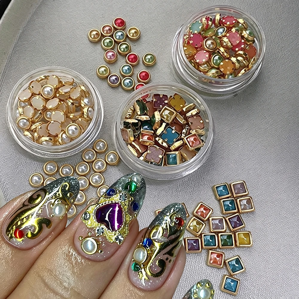 1Box Colorful Round/Square Pearl Retro Gem Nail Charms 3D Mixed Luxury Gold Inlaid Pearls Nail Jewelry Y2k Manicure Decoration#-