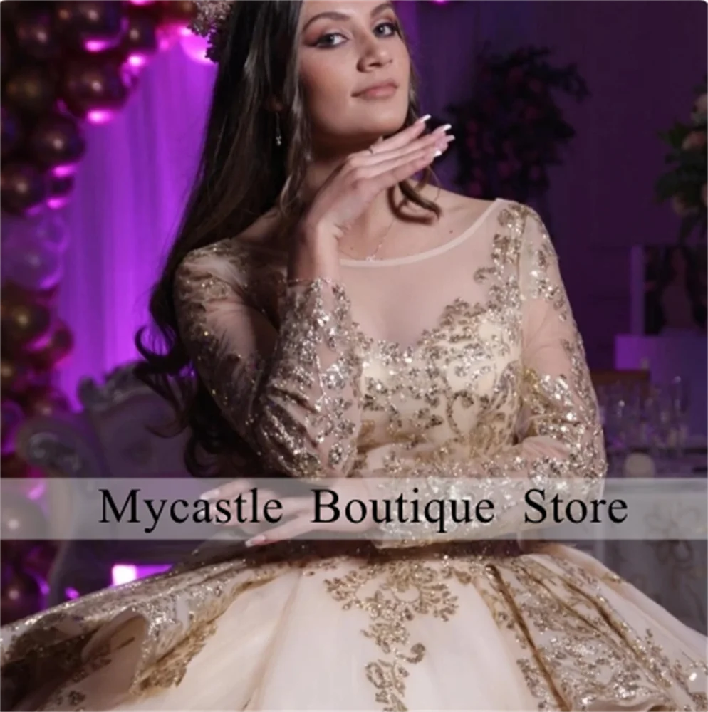 الشمبانيا الدانتيل الترتر فستان Quinceanera 2025 س الرقبة زين حبة مشد حفلة موسيقية فستان كشكش الكرة ثوب مخصص الحلو 16 فستان #4