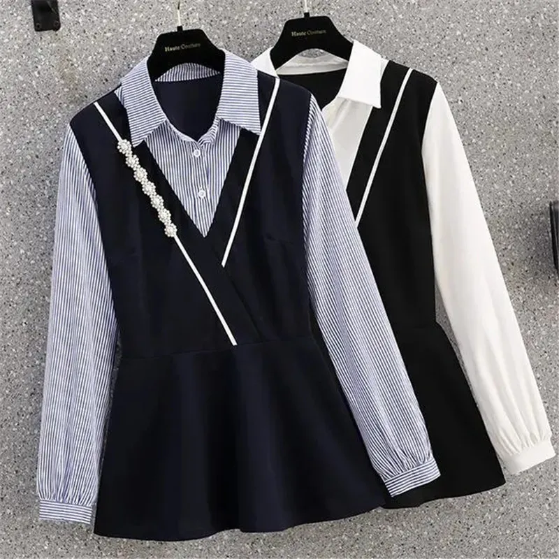 2022 New Spring Autumn Women's Shirt Fashionable Minority Splicing Fake Two Pieces Shirt Women's Top Chic Bottoming Shirt