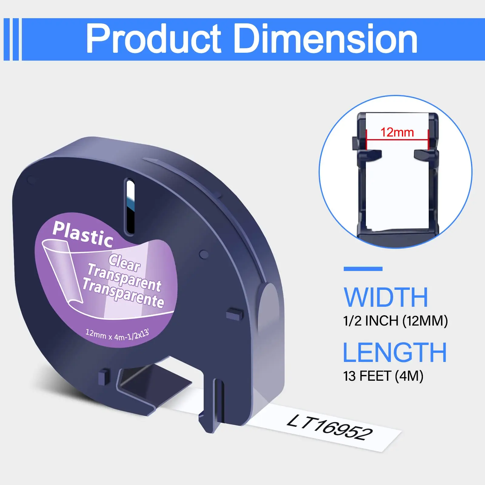 Compatible for Dymo Letratag Refills 16952 12267 16951 S0721530 Clear Plastic Label Tape 12mmx4m for Dymo LetraTag Plus LT-100H