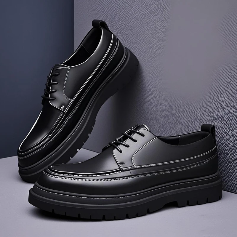 

2025 Fashion Brand Male Brogues Footwear Genuine Leather Mens Casual Shoes Thick Sole Height Increasing Shoes Pure Black A46370