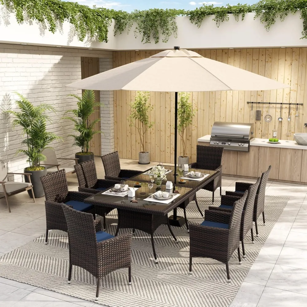 Set da pranzo da patio da 10 pezzi, con piano in vetro temperato, cuscini rimovibili, set di mobili da giardino per esterni in vimini per tutte le stagioni