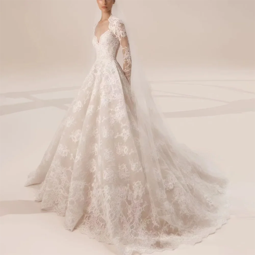 

Wedding Dresses for Women Elegant Lace Appliques A-Line Gowns Fashion Sweetheart Long Sleeves Sweep Train White Bride Dresses