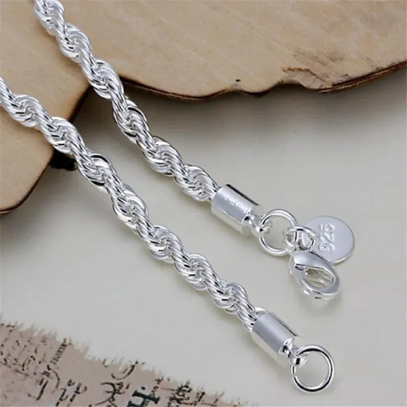 New High quality 925 Sterling Silver 4MM Women Men chain Male Twisted Rope Bracelets Fashion Silver Jewelry Gifts