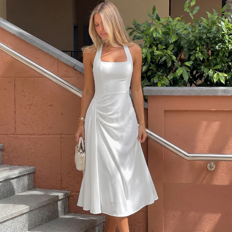 Hugcitar Modisches Kleid mit quadratischem Ausschnitt, einfarbig, rückenfrei, gerüscht, Bandage-Stil, sexy Midi-Abschlussballkleid, Sommerkleidung für Damen, Abendparty, Urlaub – Detail 12
