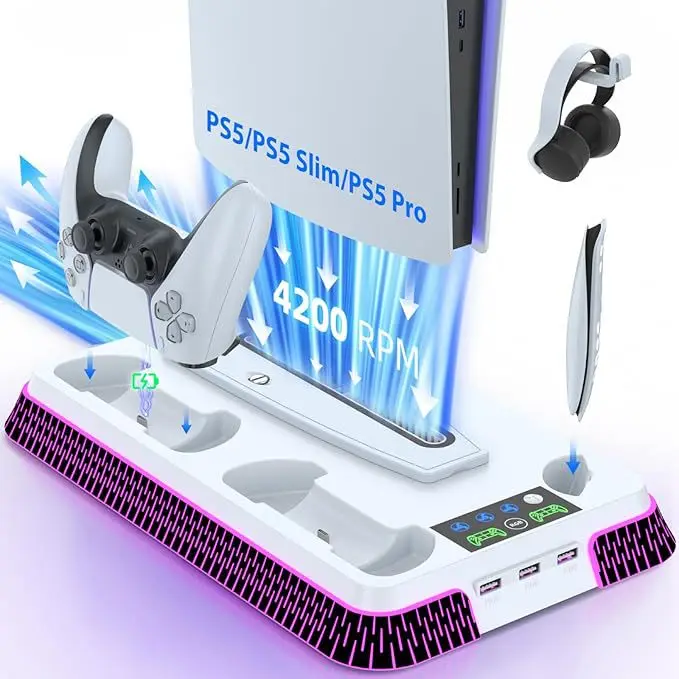 For PS5 Pro/Slim/PS5 Multifunctional Cooling Stand RGB Lighting Controller Charging Dock Adjustable Fan USB Hub Headset Holder