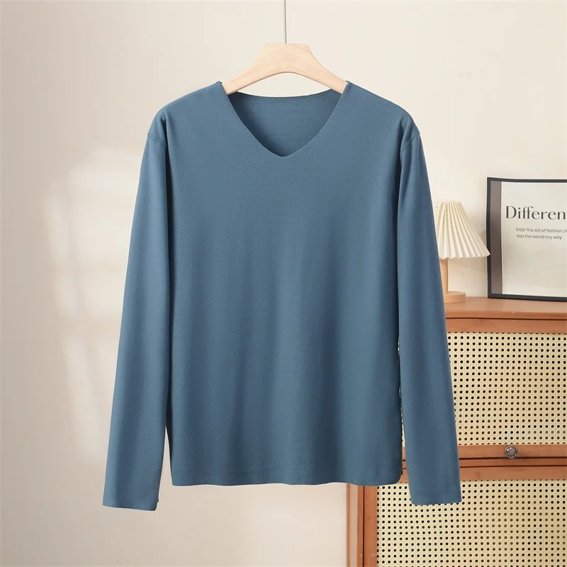 Men's Thickened Long Sleeve V-Neck T-Shirt Autumn Winter Warmth Inner Wear Close-Fitting Thermal Top plus Size Extra Large