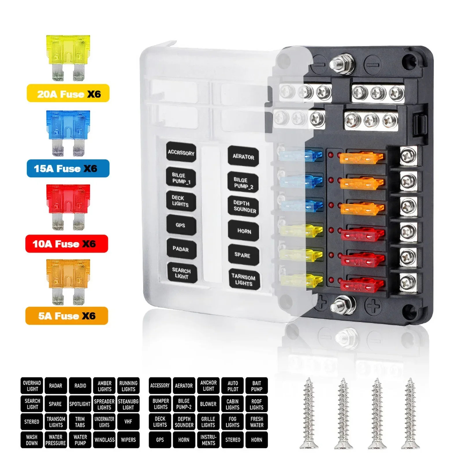 12 طريقة فيوز صندوق 6 طريقة شفرة فيوز كتلة حامل مقاوم للماء M5 مسمار مع مؤشر LED ضوء للسيارات سيارة قارب تورك البحرية 12 فولت 32 فولت