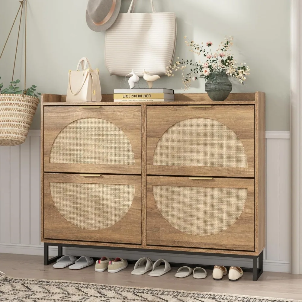 Large Rattan Shoe Storage Cabinet with 4 Flip Drawers, Freestanding Shoe Organizer with Metal Legs for Entryway