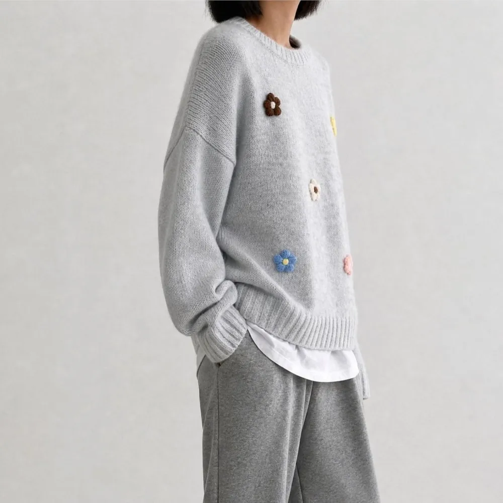 Women's Clothing Loose Knitwear New Long Sleeve Round Neck Floral Sweater Top All-match Pullover Simple Style Comfortable Trendy 5