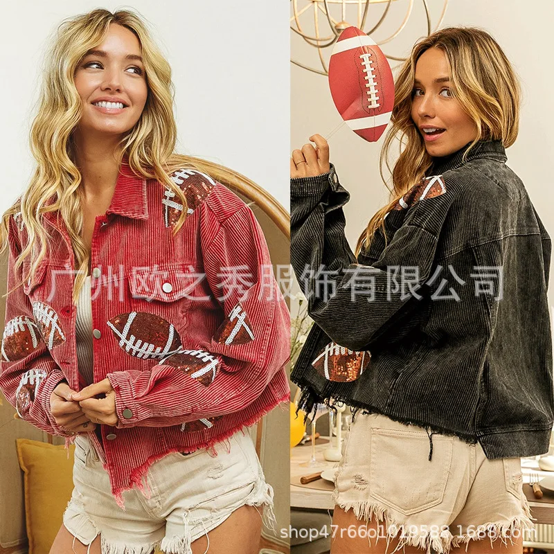 2025 Spring and Autumn Hot Sell Lapel Jacket Jacket Sequined Embroidered Corduroy Rugby Jacket Top Europe and America