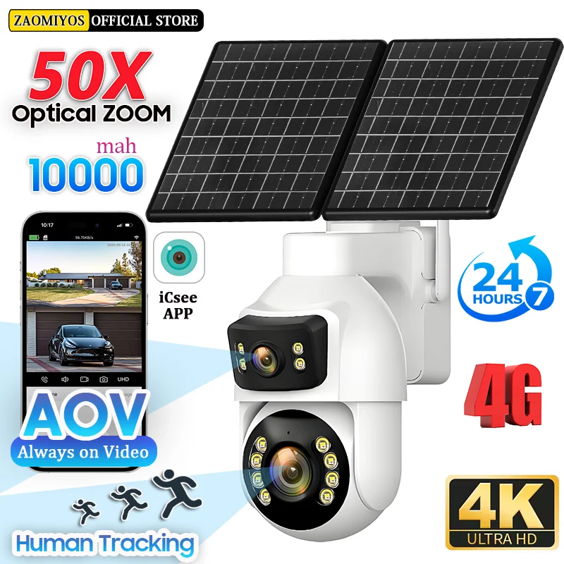 

ZAOMIYOS уличная солнечная камера AOV 4G SIM 50X оптическое наблюдение беспроводная домашняя безопасность 24/7 запись PTZ камеры автоматического слежения