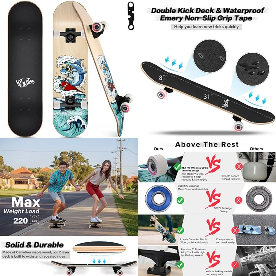 

Skateboards for Beginners, 31x8 Complete Skateboard for Teens Adults, 7 Layer Canadian Maple Wood Double Kick Deck Concave Stan