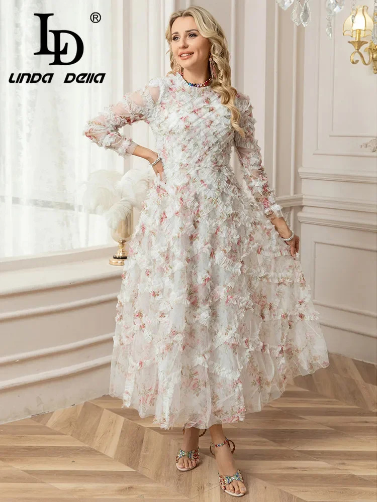 LD LINDA DELLA 2025 Spring/Summer Fashion Design Round Neck Lotus Leaf Edge Printed Mesh Large Swing Lotus Leaf Edge Size Dress