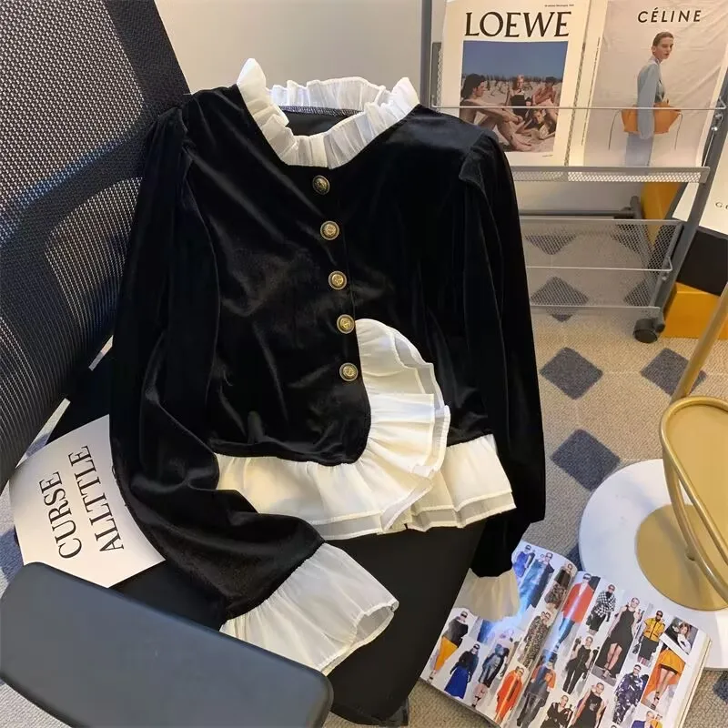 Chic design velvet long-sleeved Blouse Fashion Wear With Temperament Female Shirt Top Autumn Women's Clothing